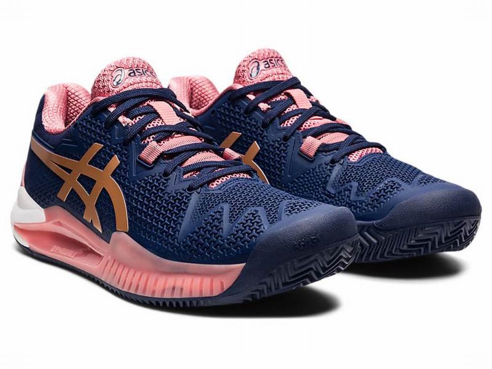 Chaussures de Tennis Asics GEL-RESOLUTION 8 CLAY Femme Rose Bleu Marine Doré | UYD-734015